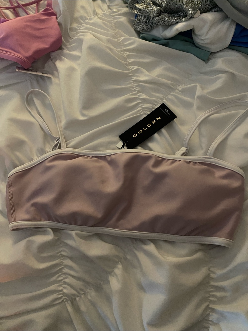 Aritzia Satin Bandeau Bralette in Dusty Rose with White Trim